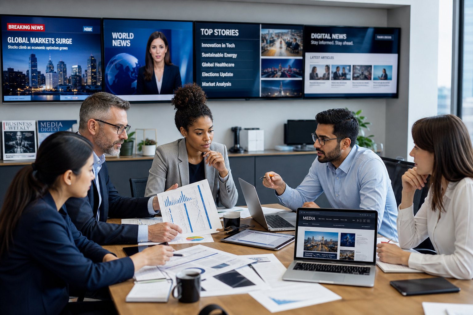A group of professionals working together around a table with laptops and reports in a modern office with screens showing news channels in the background.
